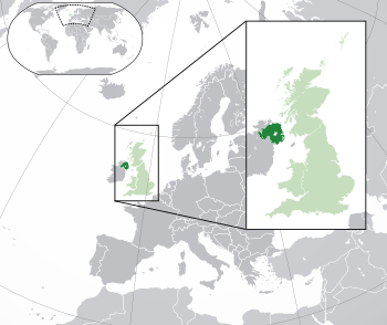 Location of  Northern Ireland  (dark green)– on the European continent  (green & dark grey)– in the United Kingdom  (green)