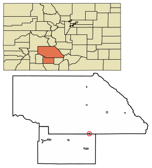 Location of the Town of Center in Saguache and Rio Grande counties, Colorado.