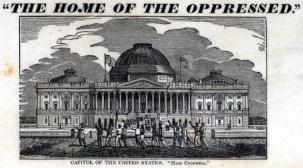 A group of shackled slaves walk past the U.S. Capitol in 1836