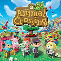 The packaging art work for Animal Crossing: New Leaf. The words "Welcome to Animal Crossing" are seen on a wooden sign, with a leaf on top which has the text "New Leaf" on it. Several animals and the player are seen below the sign.