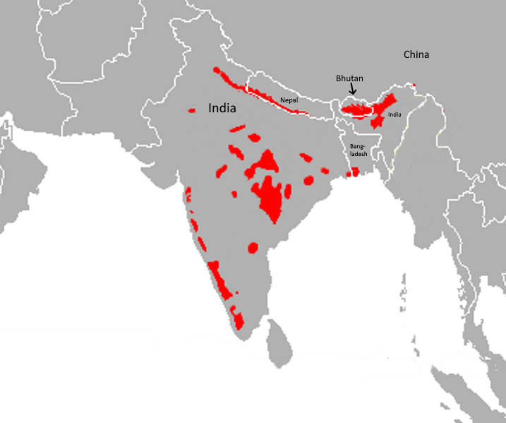 Map of distribution of Panthera tigris tigris