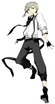 A young silver-haired man wearing a white shirt with a black tie, black pants, and fingerless gloves