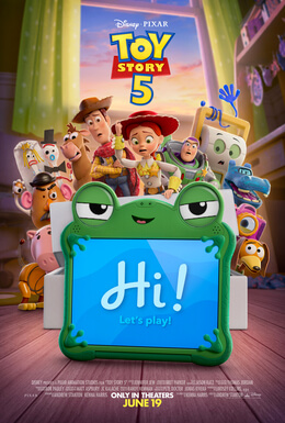 Lilypad, a frog-like tablet, is centered in the poster in front of the toys, who look at her confusing and shocked.