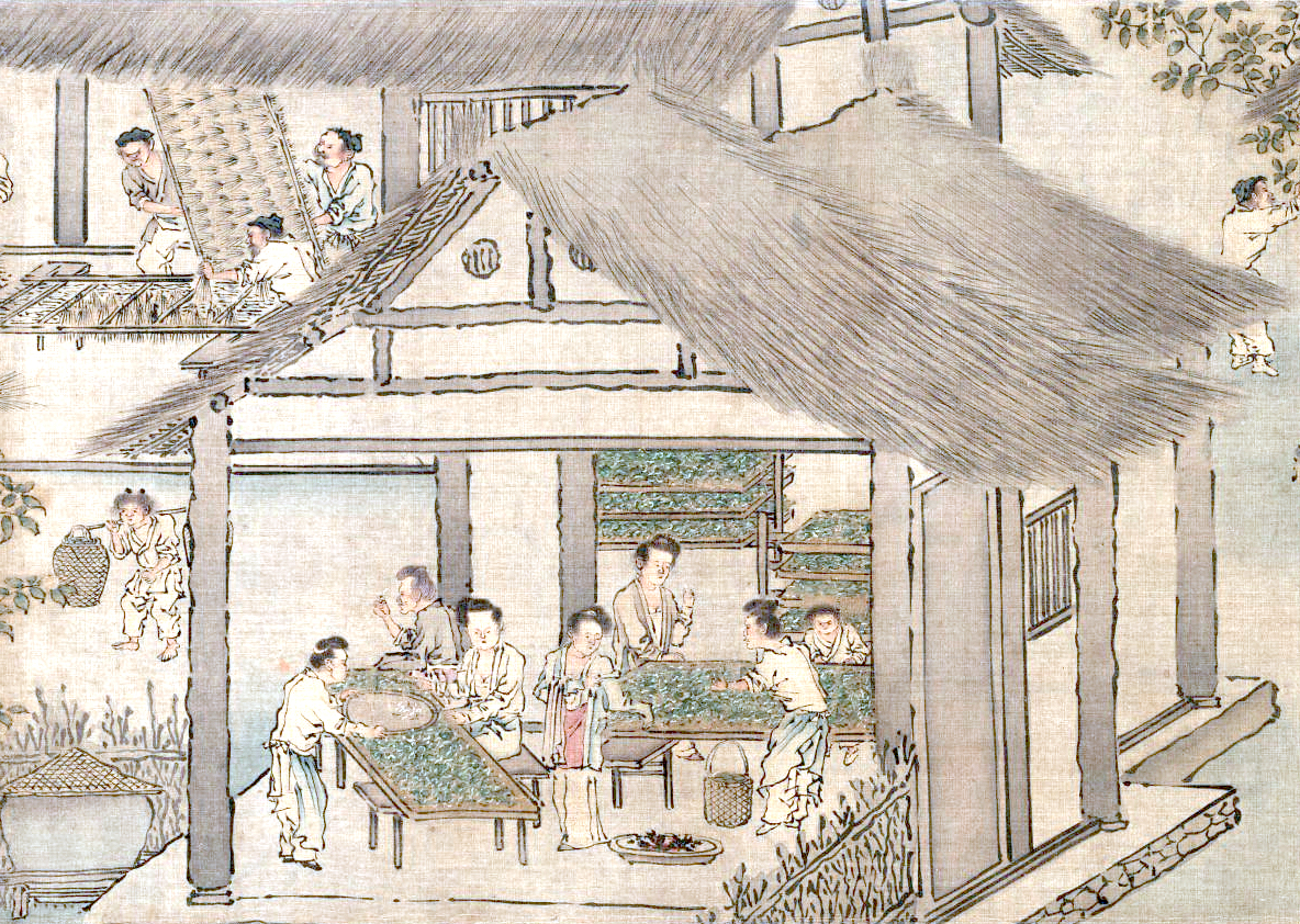 Frauen legen Seidenraupen zusammen mit Maulbeerblättern auf Schalen (Serikultur von Liang Kai, 1200er Jahre)