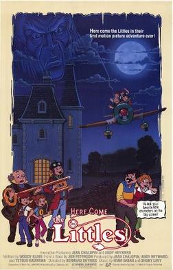 In the light of the full moon, an old-looking man casts a fearful gaze above a stately mansion, while four tiny creatures—Lucy, her brother Tom, their Grandpa, and their cousin Dinky — are aboard a small aircraft. Those creatures, called the Littles, are also seen holding a key to the left of the title; on the opposite side, Mr. and Mrs. Little stand next to a wavy box bearing the tagline: "At last, your favorite little characters on the big screen!" At the lower portion of the credit bylines, composer Haim Saban's first name is misspelled as "Hiam".