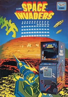 A promotional flyer for Space Invaders: an arcade display on the bottom-right corner is shown over a laser cannon surrounded by aliens and saucers; the background contains the screen against a background of a canyon and a block mountain; the Space Invaders and Taito logos are displayed on the top of the poster.