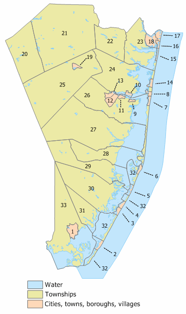 Ocean County, New Jersey Municipalities (indexed map)
