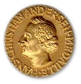 A golden medallion with an embossed image featuring a bust of Andersen.