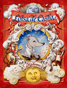 The colorful artwork shows Lotsa de Casha's portrait in the middle, flanked by two monkeys on either side. The image is painted on a red background with the book name and author name in cursive script on top and bottom of the page respectively. There is also an illustration of a sun and a moon.