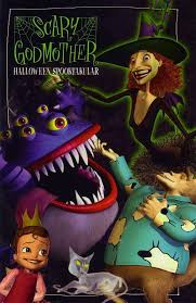 Various characters imposed on a black background: a girl wearing a crown and a purple and pink ballet dress (bottom left), a ghost cat with yellow flashing eyes (bottom center), a werewolf wearing a blue button-up shirt with sheep on it (bottom right), a five-eyed purple monster with sharp teeth (middle left) and a smiling witch with a pointy noise, pointy hat, black wings, and a black skirt (top right). On the top left is green-and-white text surrounded by spider-web icons stating, "SCARY GODMOTHER HALLOWEEN SPOOKTAKULAR"