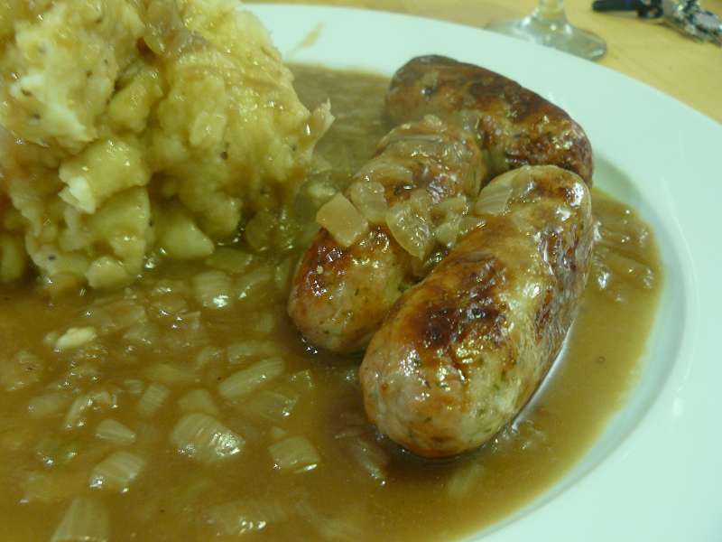 Sausage and mash with onion gravy