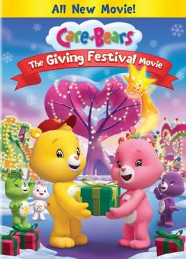 A yellow Bear wearing a cap (Funshine Bear) is giving a pink Bear (Cheer Bear) a gift box. Nearby are other Care Bears (Share, Oopsy and True Heart) stand behind decorated trees and locations.