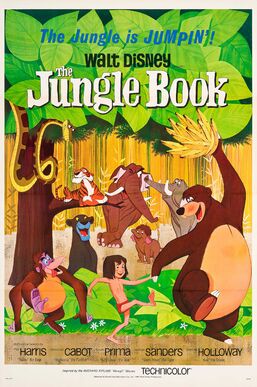 Drawing of a jungle. A boy wearing a red loincloth walks holding hands with a bear which holds a bunch of bananas above his head, while an orangutan follows them and a black panther watches them from behind a bush. A tiger lies on the branch of a tree while a snake comes from the leaves above. In the background, three elephants. At the top of the image, the tagline "The Jungle is Jumpin'!" and the title "Walt Disney The Jungle Book". At the bottom, the names of the main voice actors and the characters they play.
