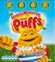 Sugar Puffs packaging featuring the Honey Monster, the advertising face of the cereal