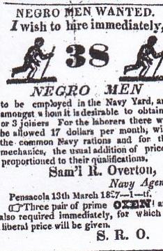 1827 Navy Agent Samuel R. Ovrton ad for 38 Negro men