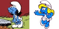 At the left, there is a blue humanoid wearing all white with black hair. At the right, there is the same blue humanoid now, with blonde hair running