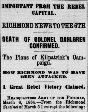 Dahlgren Raid Headline March 1864