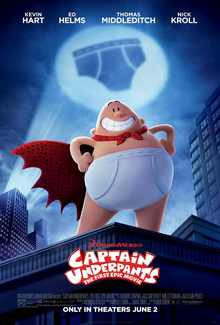 Film poster showing Captain Underpants, standing on top of a building. A moon showing a silhouette of an underwear.
