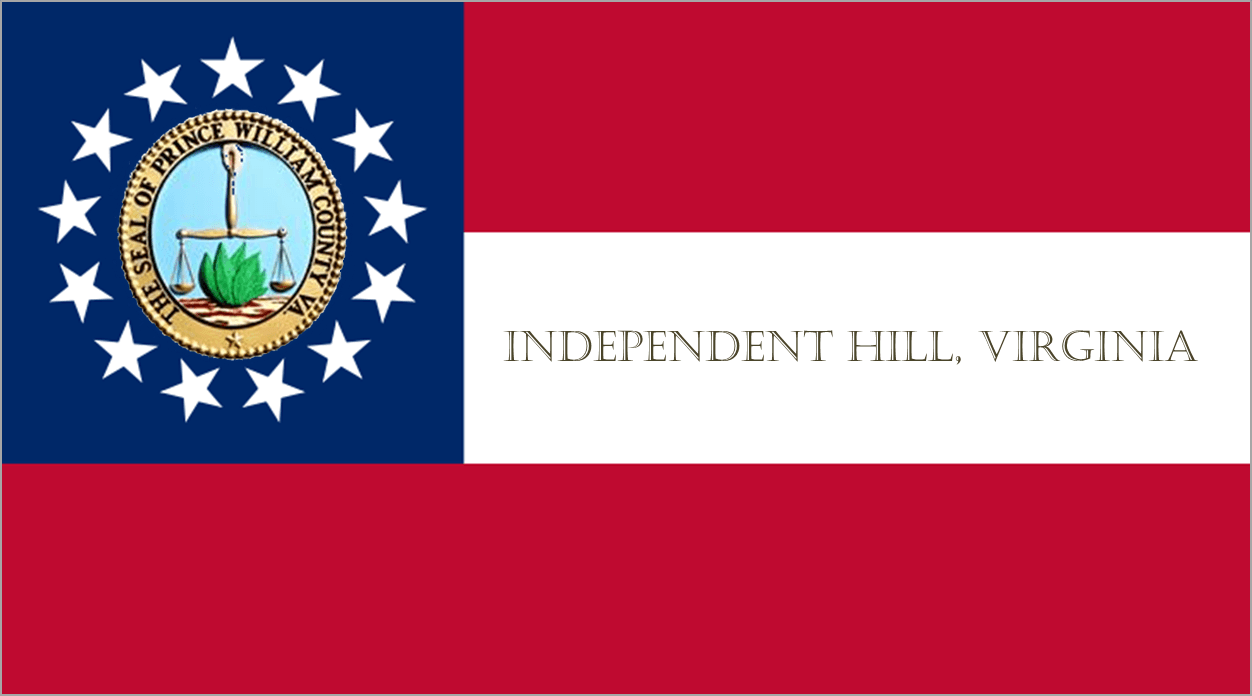 Unofficial flag of Independent Hill, Virginia, based on the First National Flag of the Confederate States of America and the regimental colours of the Prince William Cavalry, raised at the nearby county courthouse in 1861.