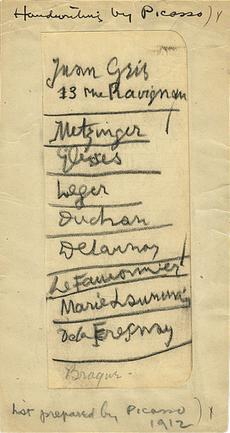 A list written by Pablo Picasso of European artists to be included in the 1913 Armory Show, 1912. Walt Kuhn family papers, and Armory Show records, Archives of American Art, Smithsonian Institution