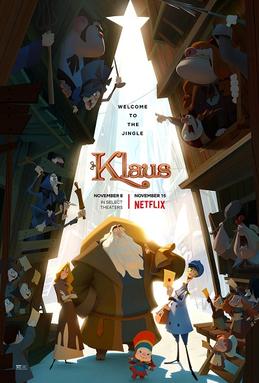 In a corridor between two houses (bearing some resemblance to a Christmas Tree), Klaus holding a large bag of items, with Jesper holding a letter, Alva, and Márgu. The Children are seen holding letters while the adults of the Krum and Ellingboe Clans hold items and exchange taunts. The tagline on top of the film's title reads "Welcome to the Jingle".