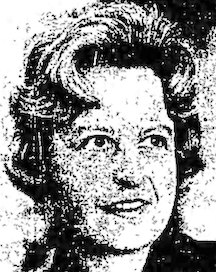 A newspaper photo of a smiling white woman with coiffed light hair