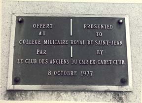 Plaque Presented to Royal Military College Saint-Jean by ex cadet club 8 Oct 1977