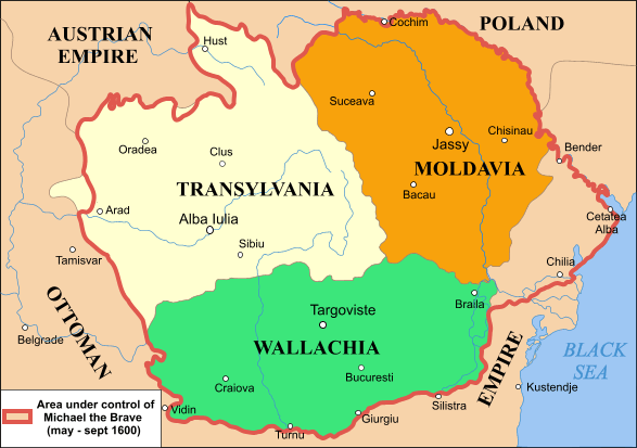 footer=During the Long Turkish War, Wallachian Prince Michael the Brave (portrayed to the right) briefly ruled over the three medieval principalities of Wallachia, Moldavia, and Transylvania. This covered most of present-day Romania.