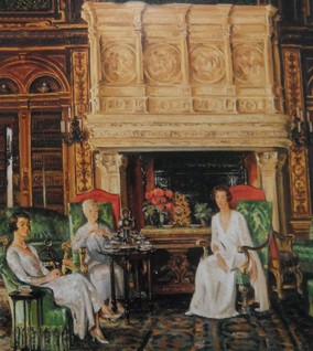 Mrs. Cornelius Vanderbilt, II and her daughters, Gladys and Gertrude, having tea in the libtary at the Breakers Newport, Rhode Island