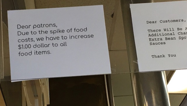 Restaurant increasing prices by $1.00 due to inflation