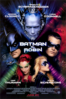 The poster is divided diagonally, with the characters heads shown in each section: Batman on the left, Mr. Freeze on top, Robin on the right, and Poison Ivy and Batgirl are below.