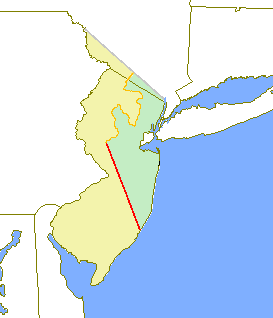 The original provinces of West and East Jersey are shown in yellow and green respectively. The Keith Line is shown in red, and the Coxe–Barclay Line is shown in orange.