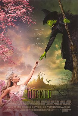 The poster mimics Michelangelo's The Creation of Adam and is pink on the left and green on the right. Glinda is at the bottom left in a pink dress, reaching up to Elphaba, who's at the top right in a black dress, witch's hat, and on a broomstick, reaching down to Glinda. In the middle, both hands are outstretched but not touching, and the film's tagline is written in white text on separate lines: "Everyone deserves the chance to fly." The landscape of the Land of Oz is in the background.