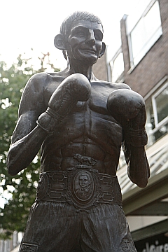 A headshot of a statue