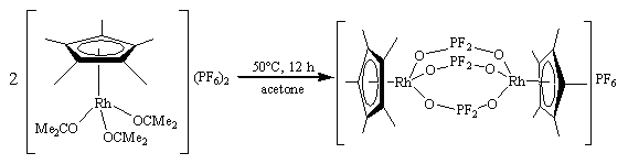 Heating [(η5-C5Me5)Rh(Me2CO)3](PF6)2 in acetone results in the formation of the complex [(η5-C5Me5)Rh(μ-OPF2O)3Rh(η5-C5Me5)]PF6