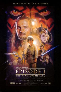 Illustration depicting various characters of the film, surrounded by a frame which reads at the top "Every saga has a beginning." In the background, there is of a face with yellow e red, and black tattoos. Below the eyes are a bearded man with long hair, a young woman with face paint and an intricate headdress, three spaceships, a short and cylindrical robot besides a humanoid one, a boy wearing gray clothes, a young man wearing a brown robe holding a laser sword, and an alien creature with long ears. At the bottom of the image is the title "Star Wars: Episode I – The Phantom Menace" and the credits.