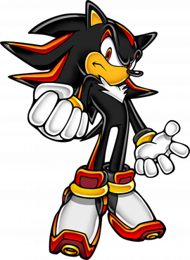 A tall and angry black hedgehog making a menacing pose. He has red eyes, dark skin around his snout and ears, red streaks on his quills and arms, black and gold handcuffs, white fur on his chest, and white, black, red, and yellow skates.