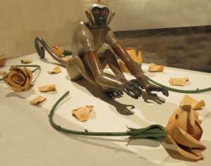 'Monkey with Roses', by Lizbeth Stewart (1948-2013), 1999, hand-built and painted ceramic, Honolulu Museum of Art, accession TCM 2008.23.11a-c