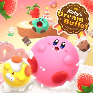 Cover art, depicting four Kirbys of different colors on a large cake