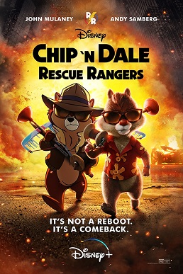Two chipmunks walk away from an explosion. One is 2D-animated wearing a hat and jacket, the other is CGI-animated wearing a red shirt.