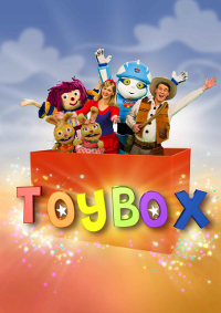 A red box containing a man in a cowboy costume, a woman wearing a red and blue dress, a blue robot, a ragdoll and two toy rabbits. In front of the box is the word "Toybox" in colourful letters and surrounded by a sparkling effect.