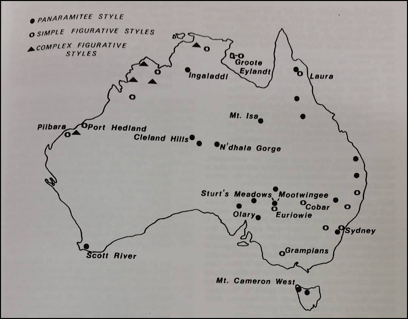 Picture3 map of Australia showing sites containing Panaramitee Style rock art.