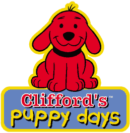 A smiling red puppy, Clifford, sits above a rectangle containing the name of the series in stylized text.