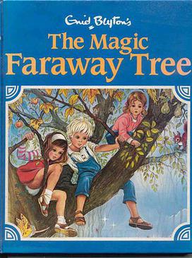 A blue book with the gold words The Magic Faraway Tree at the top, with three children on a tree on the picture.