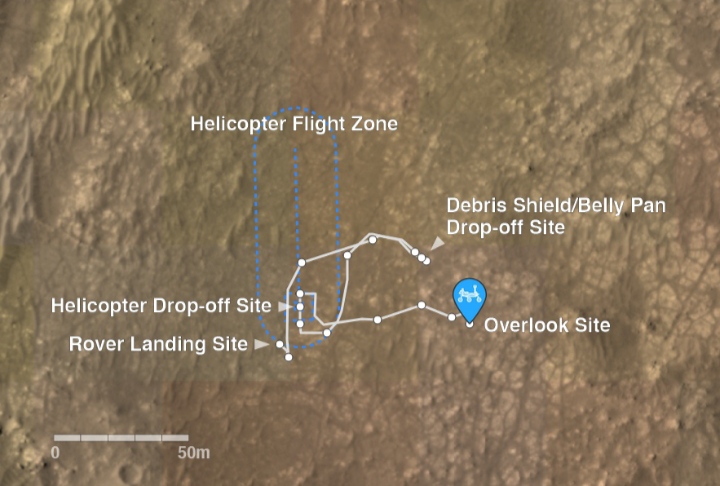 Perseverance rover track and Ingenuity Helicopter Flight Zone
