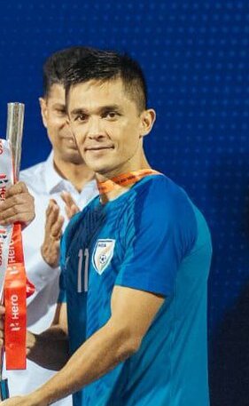 Sunil Chhetri receiving award from Naveen Patnaik in 2024 (cropped).jpg