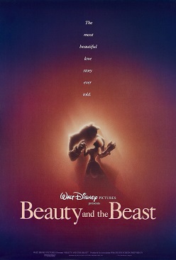 A Silhouette of Beast dancing with Belle behind warm light. The film's tagline reads "The most beautiful love story ever told" with each word stacked vertically.