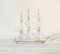 HMS Revolutionaire Frigate during the internment of Sir Thos. Fremantle 22nd Dec 1829 at Baia Bay Naples RMG PW8021 (cropped)
