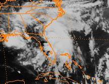 Satellite image of hurricane near the United States. Florida is depicted at the center of the image.
