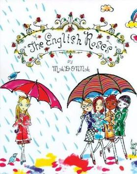 The book cover shows the four girls on the left, walking under a giant umbrella. Binah walks to the right while holding her own umbrella as rain falls on them. The book name is written in cursive script atop the colorful image.